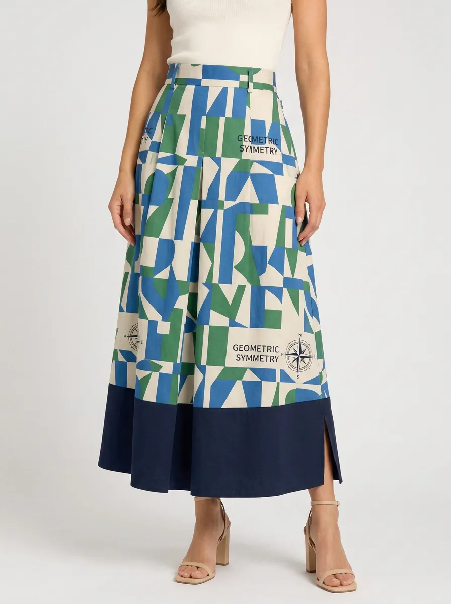 Women's Geometric Symmetry Compass Printed Midi Skirt