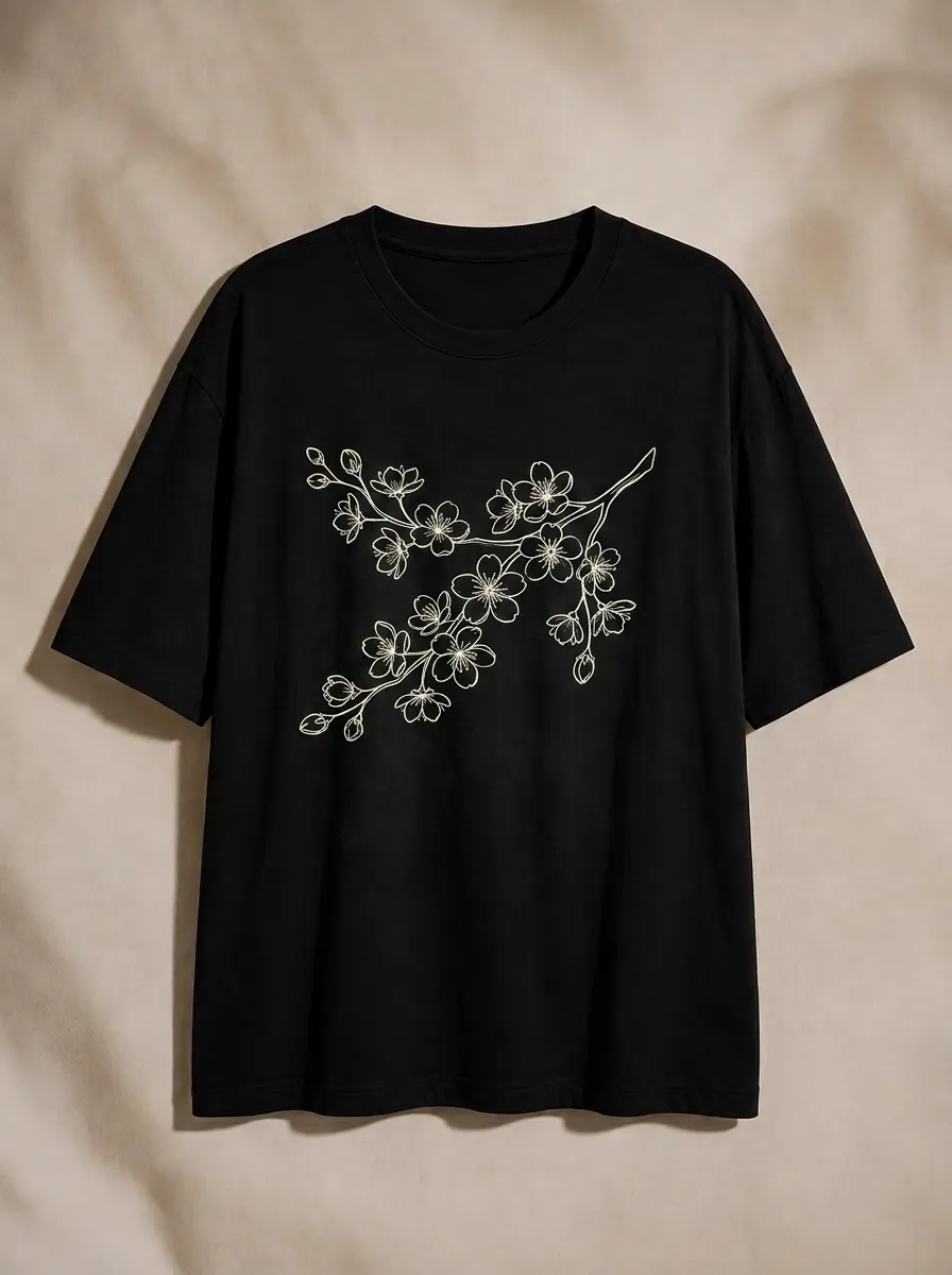 Unisex Nature Lover Cherry Blossom Line Art Printed T-shirt