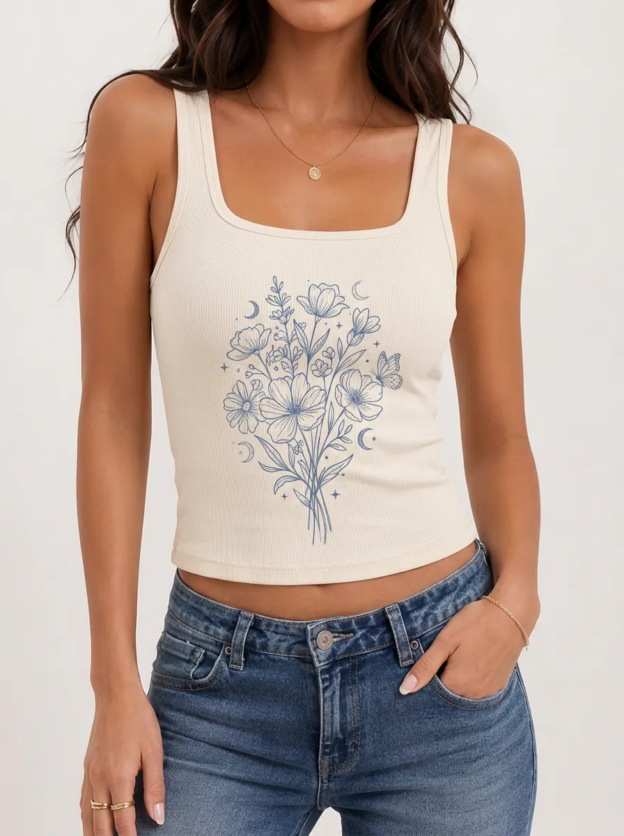 Women's Floral Celestial Butterfly Printed Ribbed Tank Top