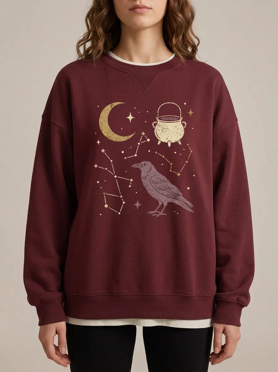 Women's Halloween Witchy Raven Moon Cauldron Constellation Printed Sweatshirt