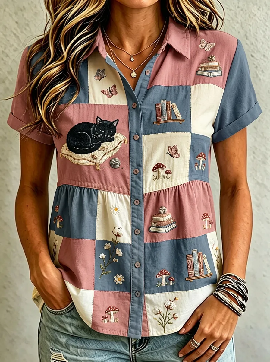 Women's Cat Book Mushroom Patchwork Printed Cotton Linen Shirt