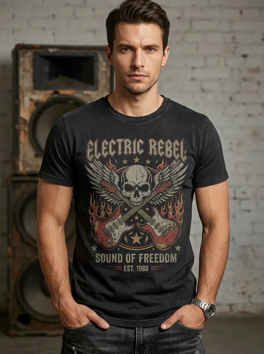 Men's Rock Music Lover Skull Guitar Wings Printed T-shirt