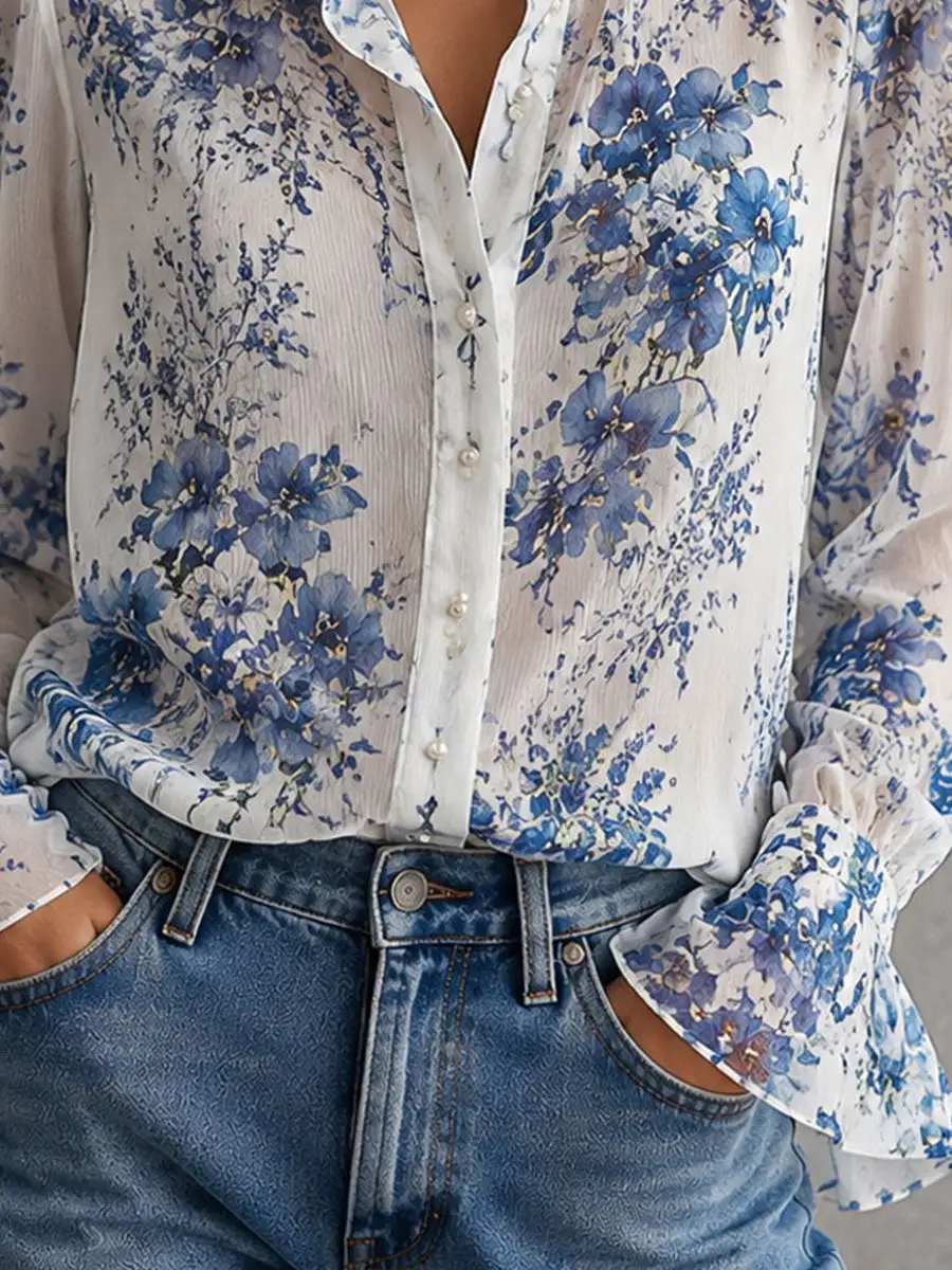 Boho Blue Floral Crinkle Chiffon Ruffle Collar Blouse