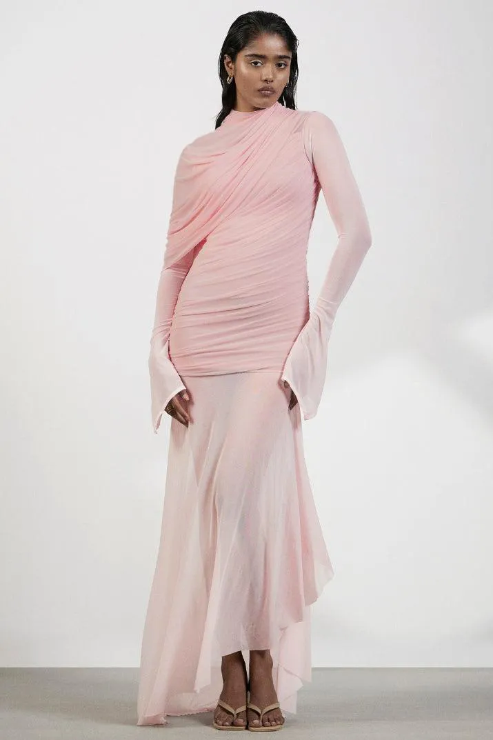 Gathering Asymmetrical Long Sleeve Maxi Dress