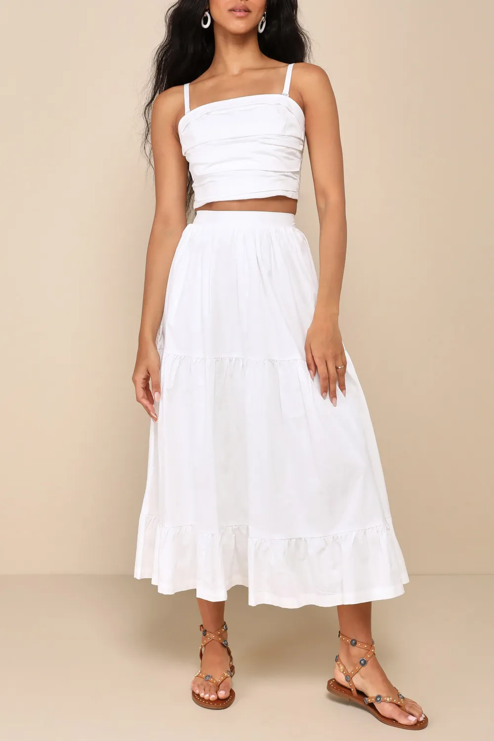 Casual Style White Cotton Tiered Midi Skirt