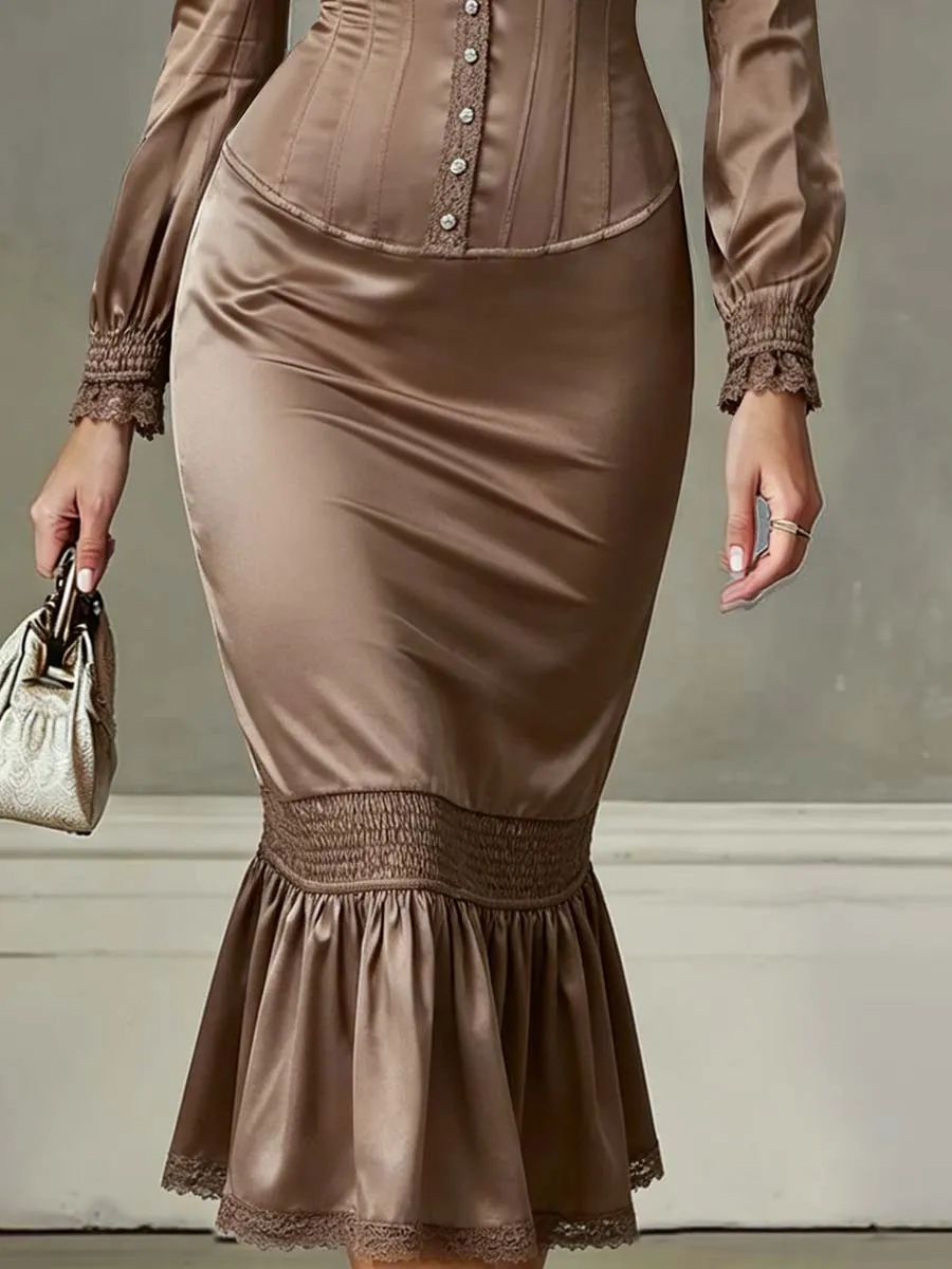 Vintage Ruffled Hem Lace-trimmed Polyester Satin Midi Dress