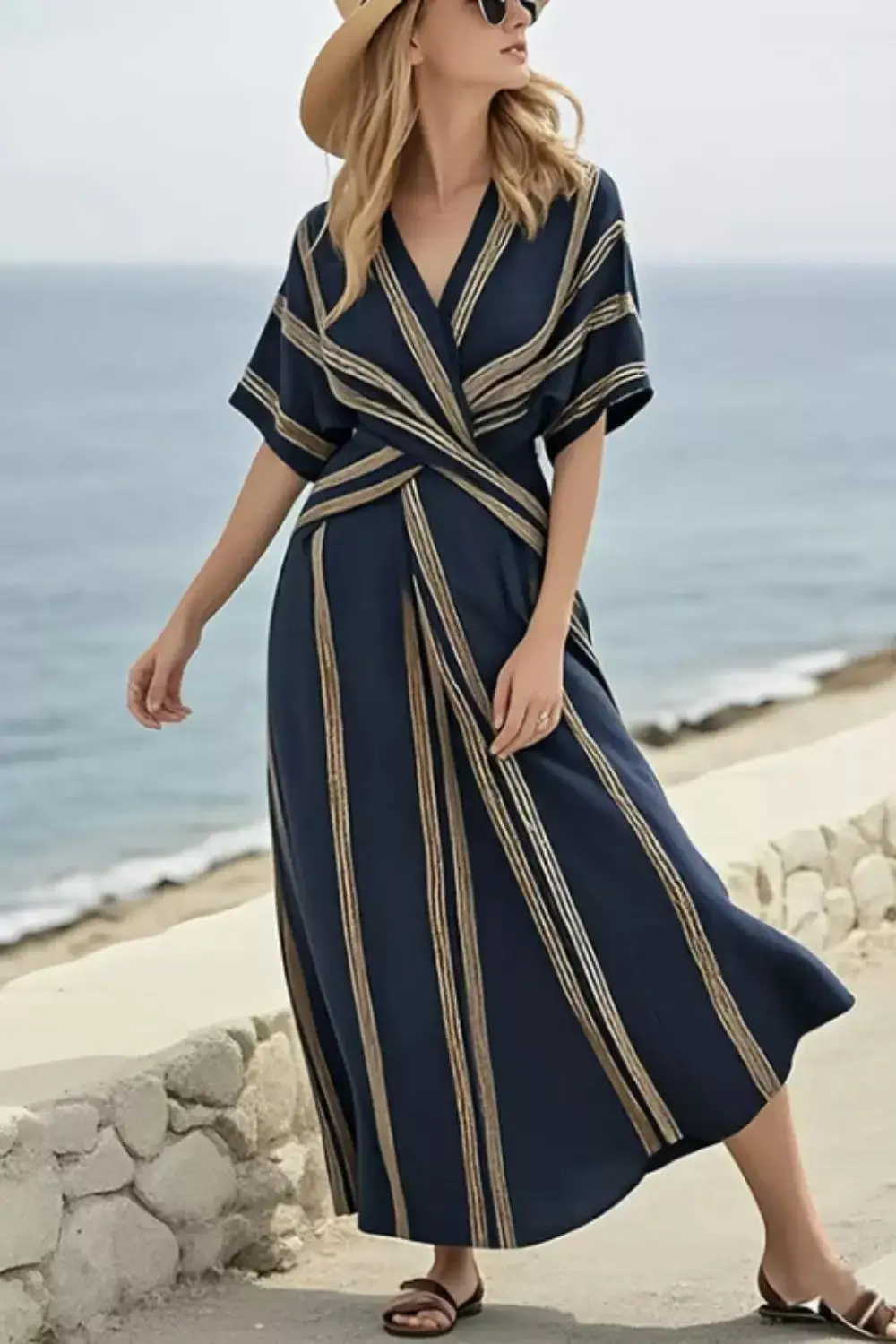 Striped Wrap Half Sleeve Maxi Dress
