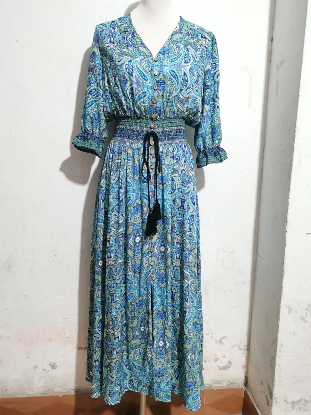 Smocked Half-Sleeve Midi Dress
