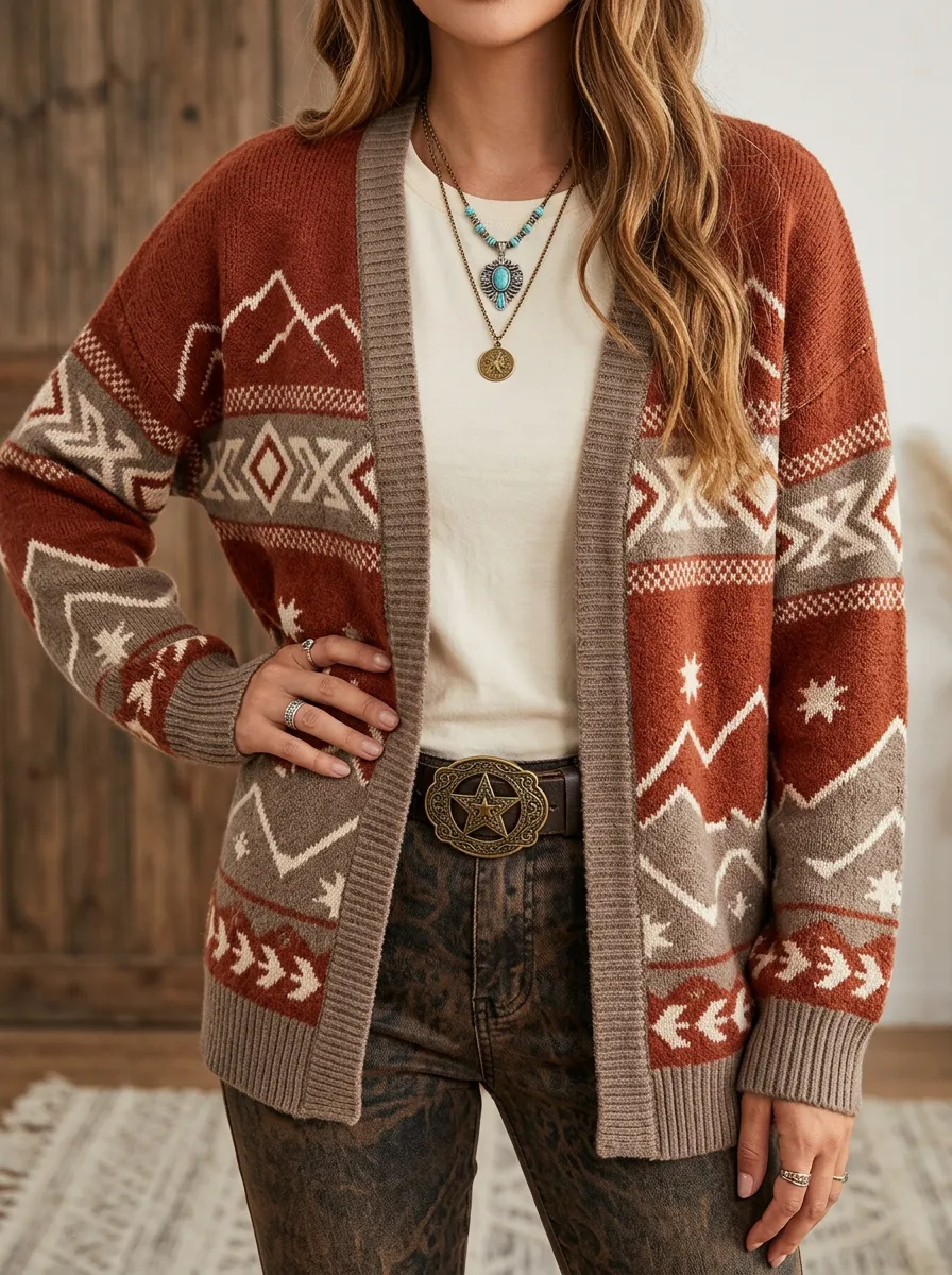Women's Western Boho Mountain Geometric Pattern Knitted Cardigan