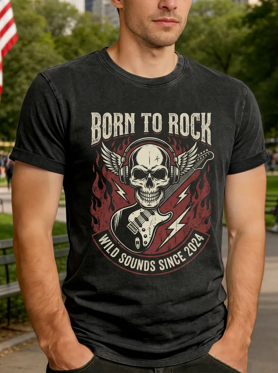 Men's Rock Music Lover Skull Guitar Flame Printed T-shirt