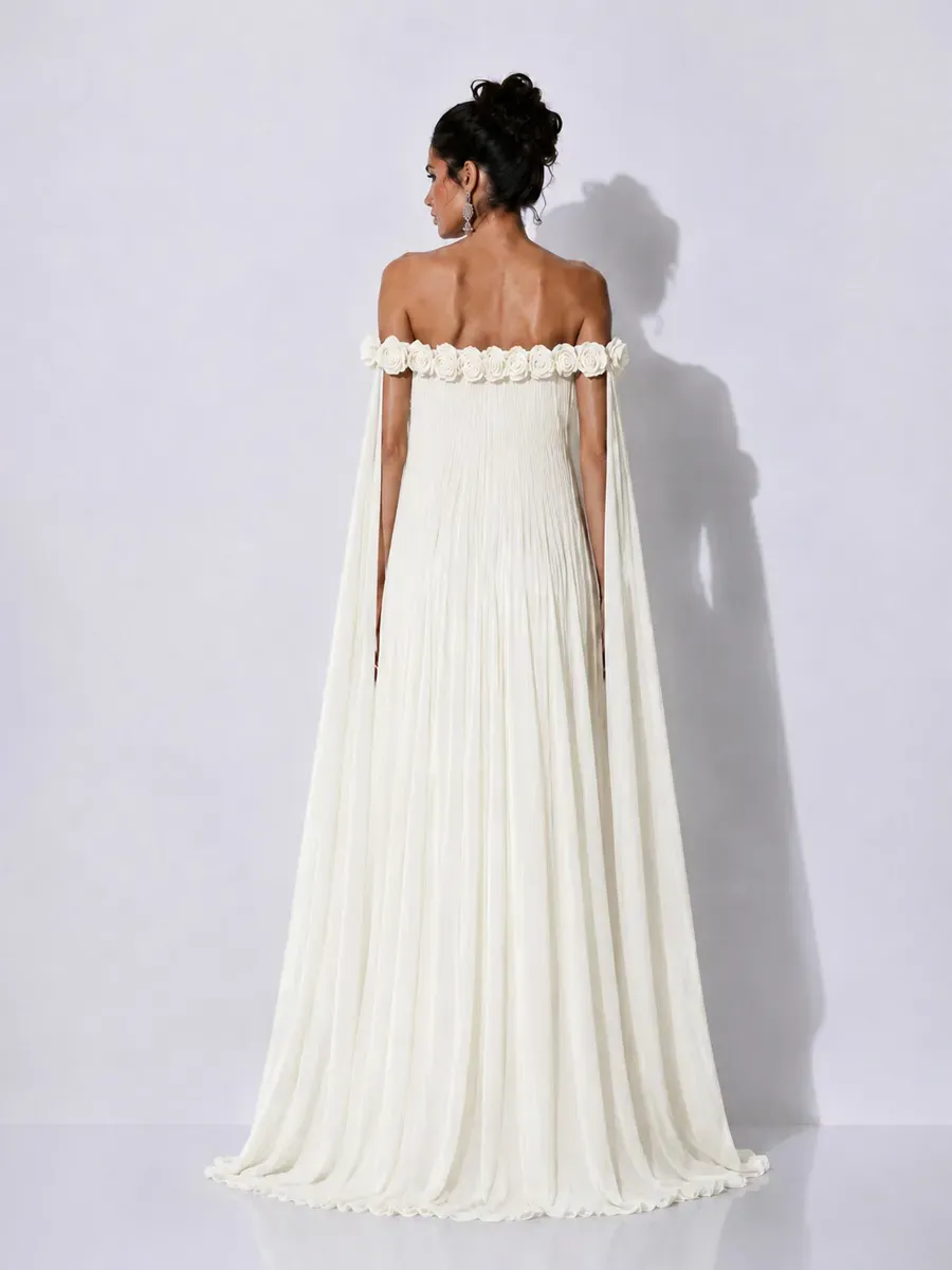 Grace 3D Floral Pleated Off-Shoulder Maxi Dress