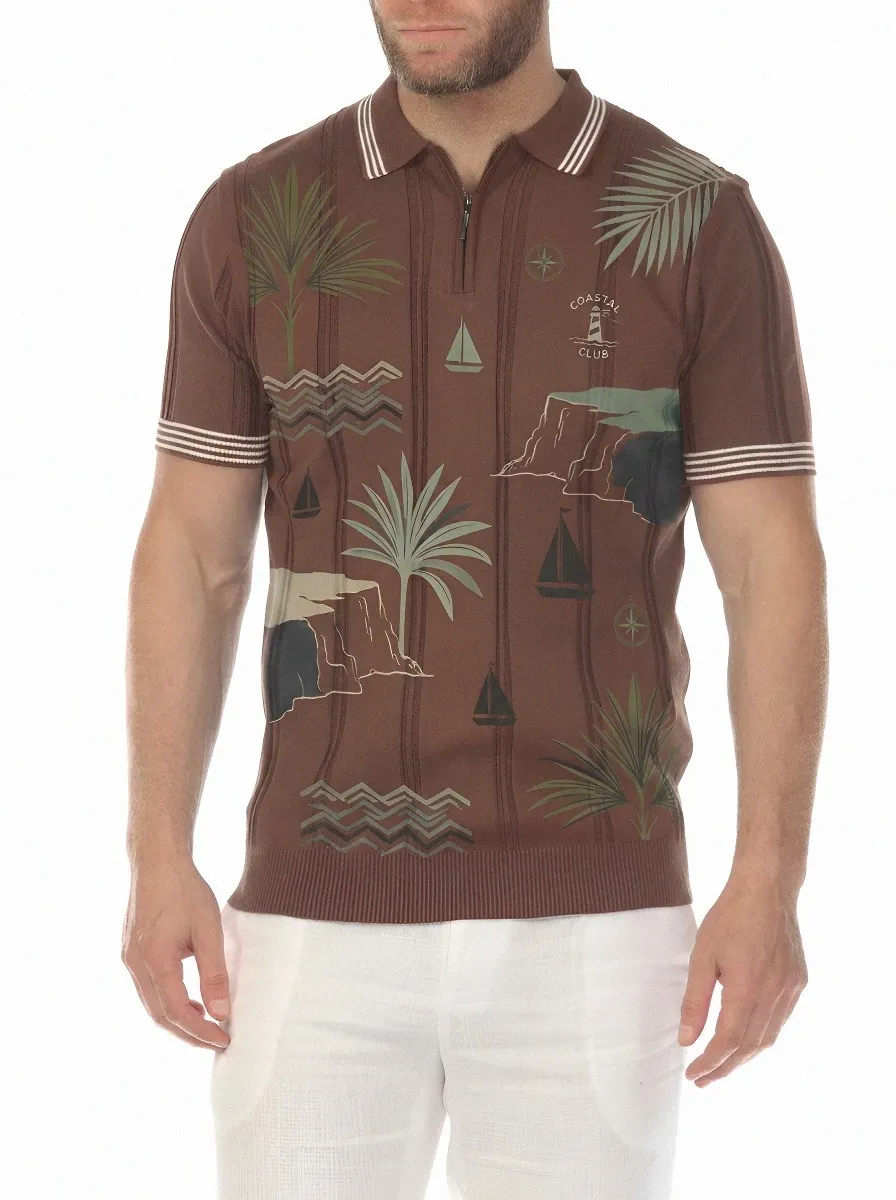 Men's Coastal Club Nautical Palm Printed Zip Polo Shirt