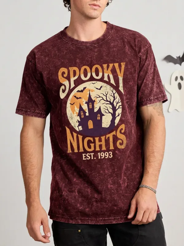 Men's Halloween Spooky Nights Haunted House Moon Printed T-shirt
