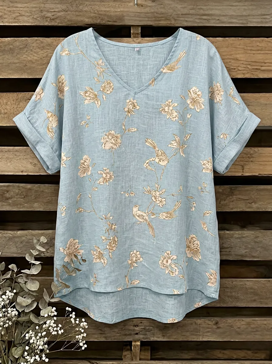 Bird Floral V-Neck Women's Loose Printed Blouse