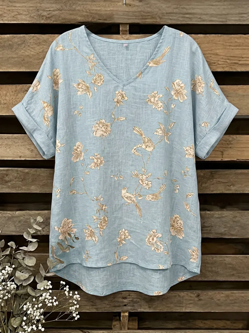 Bird Floral V-Neck Women's Loose Printed Blouse