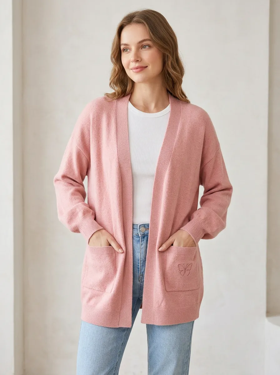 Pink Modern Butterfly Embroidered Open-Front Cardigan