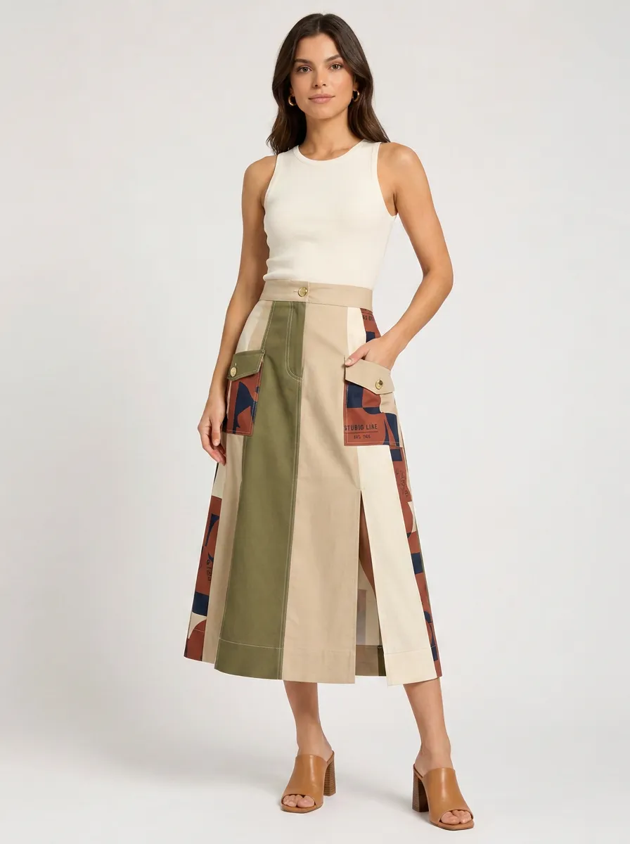 Women's Casual Fashion Colorblock Geometric Printed Midi Skirt