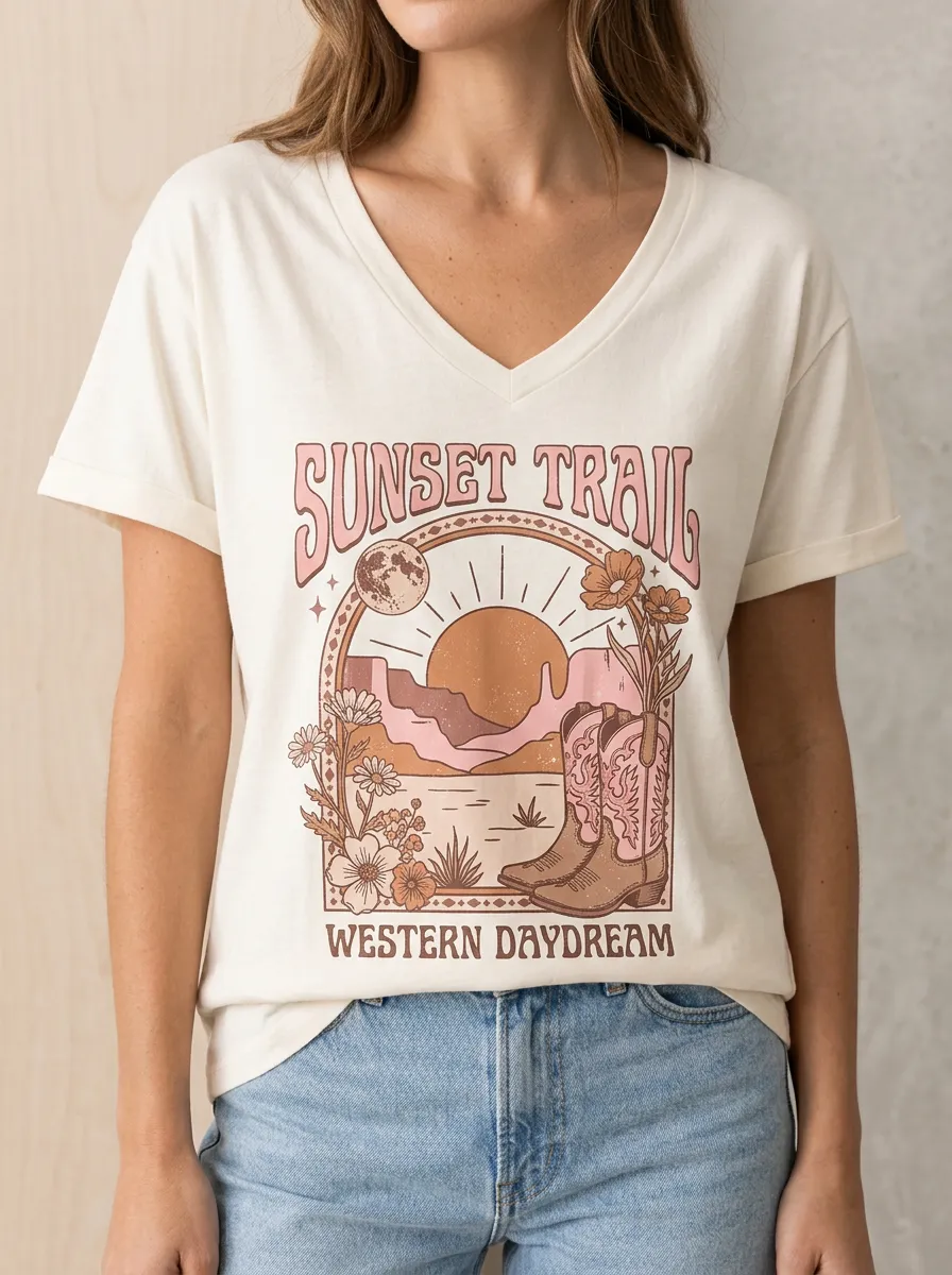 Women's Western Cowboy Boot Sunset Floral Printed V-Neck T-Shirt