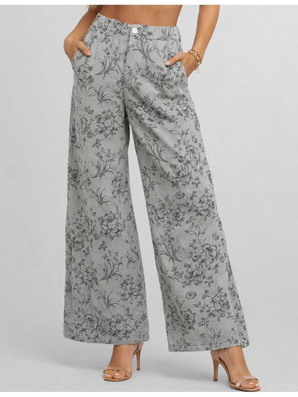 Vintage Jacquard Jean Button Waist Wide Leg Denim Pants