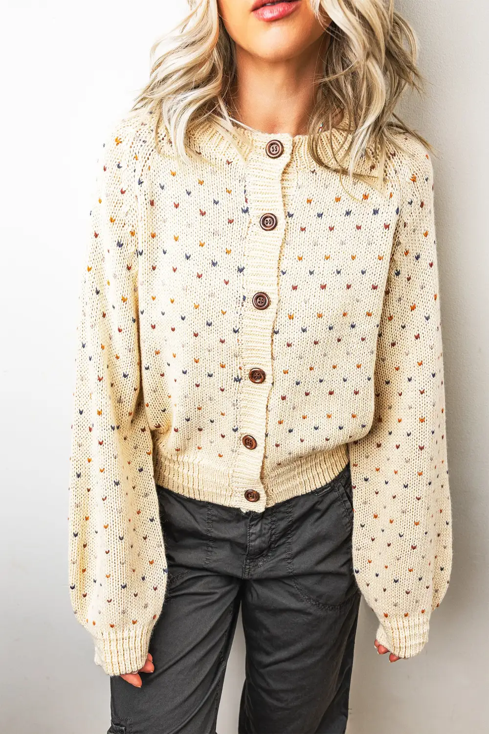 Button-Front Round-Neck Long-Sleeve Ribbed Cardigan