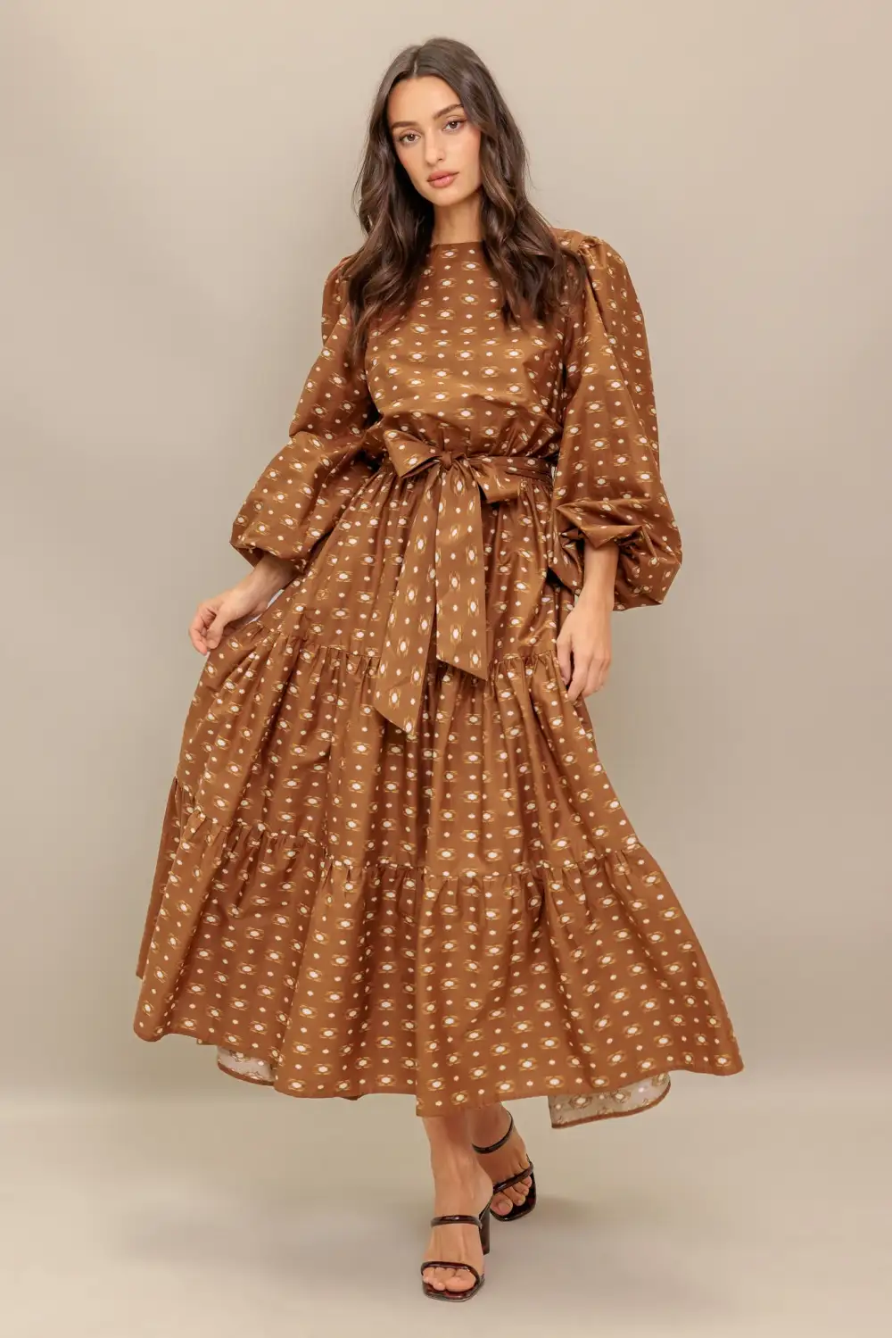 Tiered Long-Sleeve Cotton Printed Midi Dress