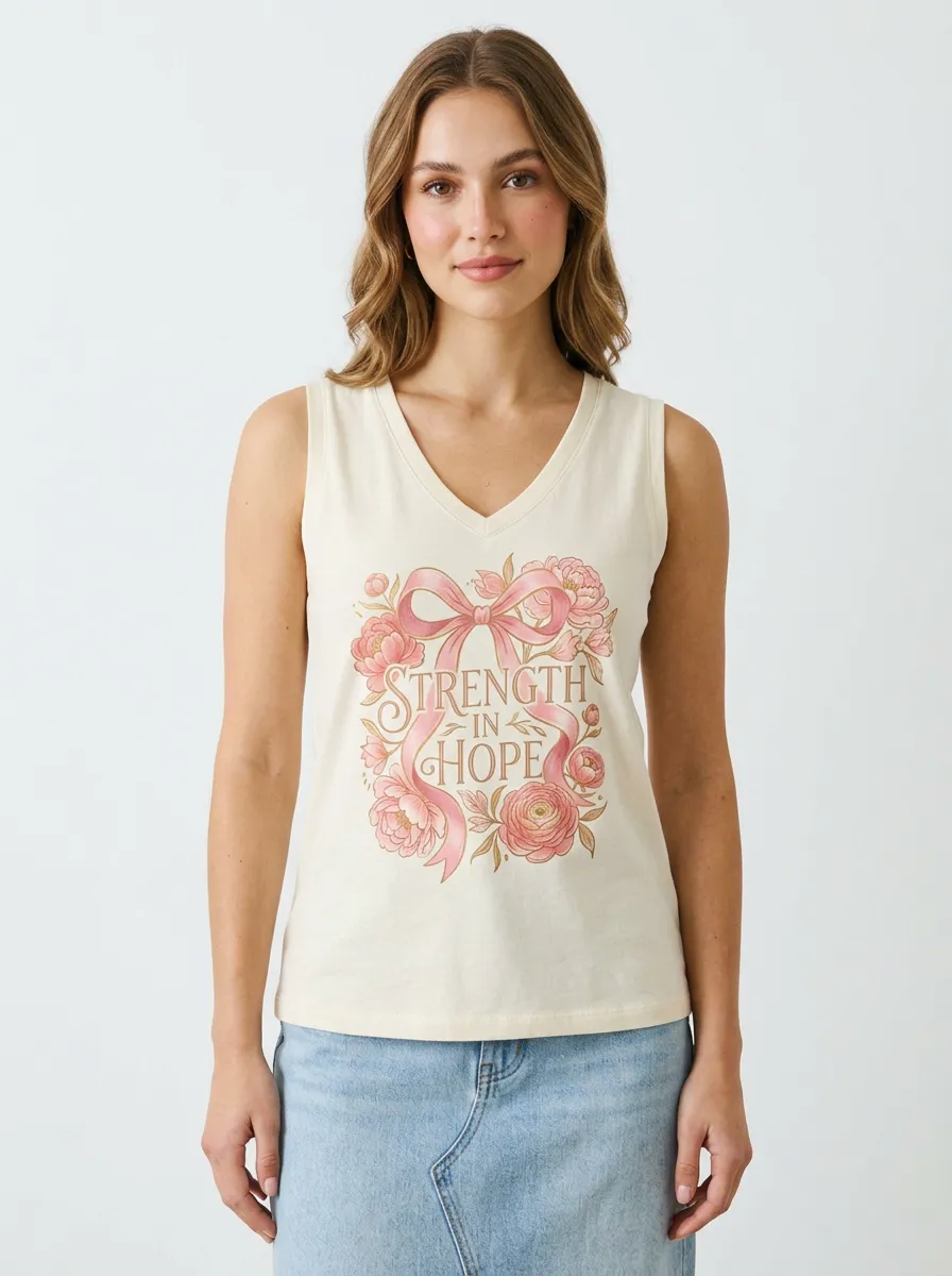Women's Breast Cancer Awareness Floral Ribbon Strength In Hope Printed Tank Top