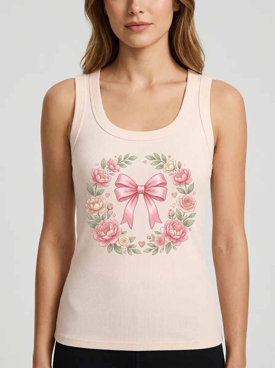 Women's Breast Cancer Awareness Pink Bow Floral Wreath Printed Tank Top
