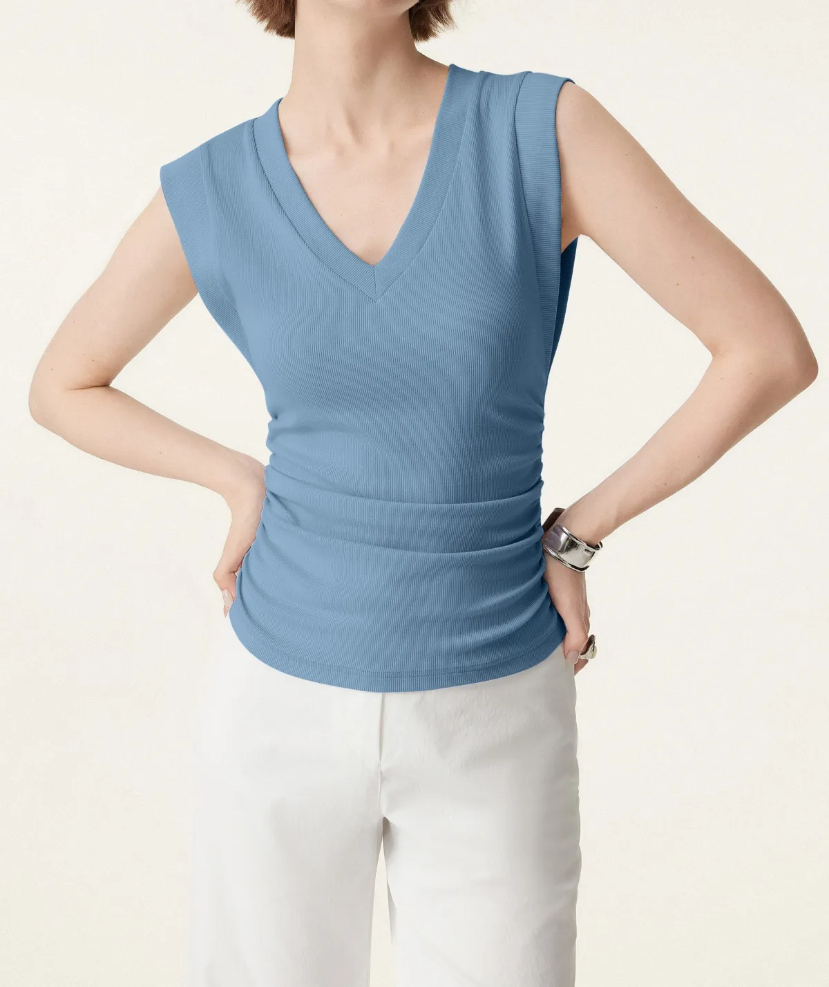 Stretch Cotton V-Neck Side Ruched Muscle Bra Top