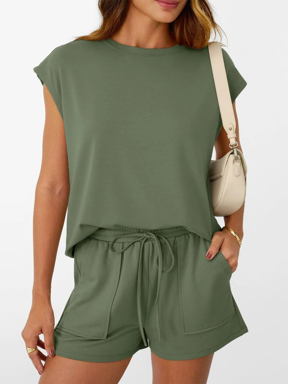 Tailored Drawstring Pocketed Top and Shorts Matching Set
