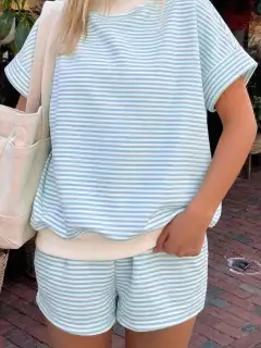 Refined Striped Tee and Shorts Matching Set