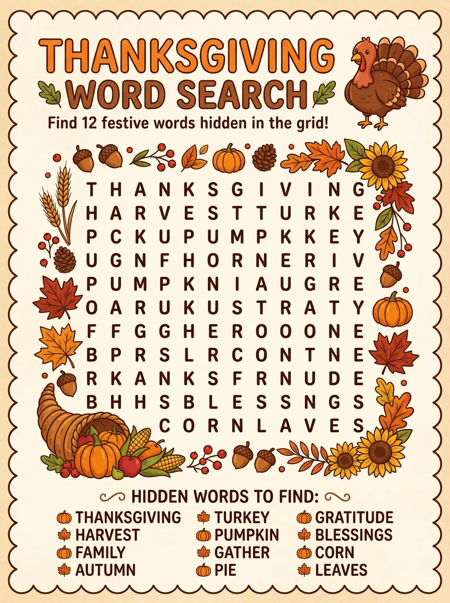 Kids Thanksgiving Harvest Turkey Word Search Poster