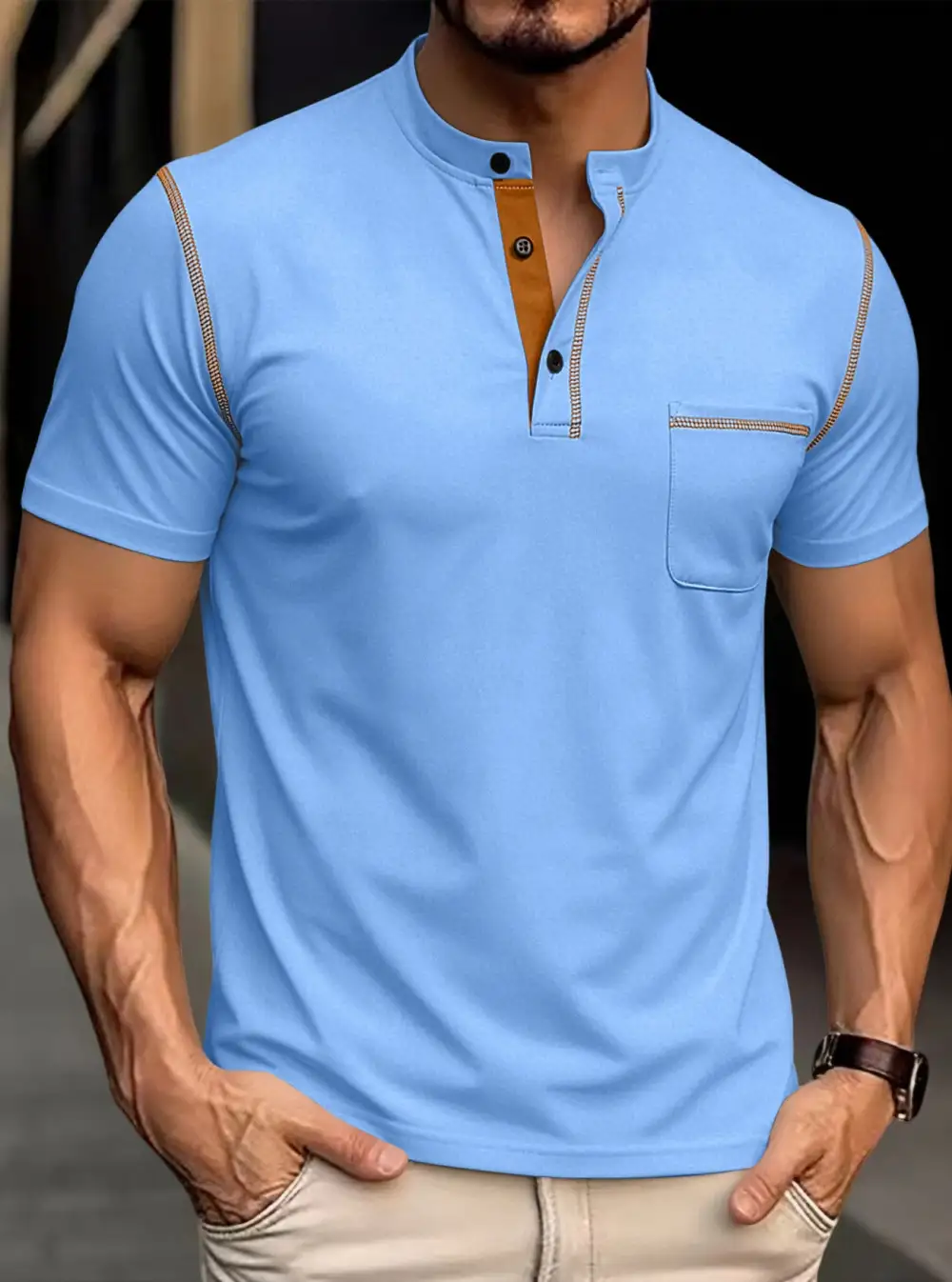 Men's Modern Short-Sleeve Henley With Stand Collar Contrast Stitching And Patch Chest Pocket