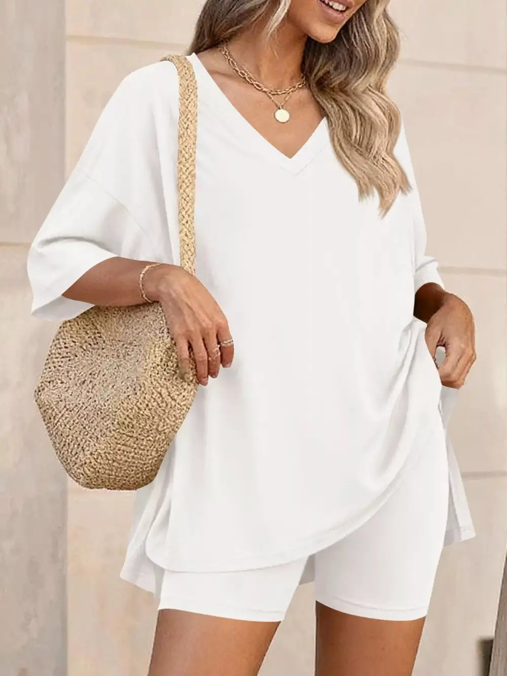 Casual Loose V Neck T Shirt Shorts Sets