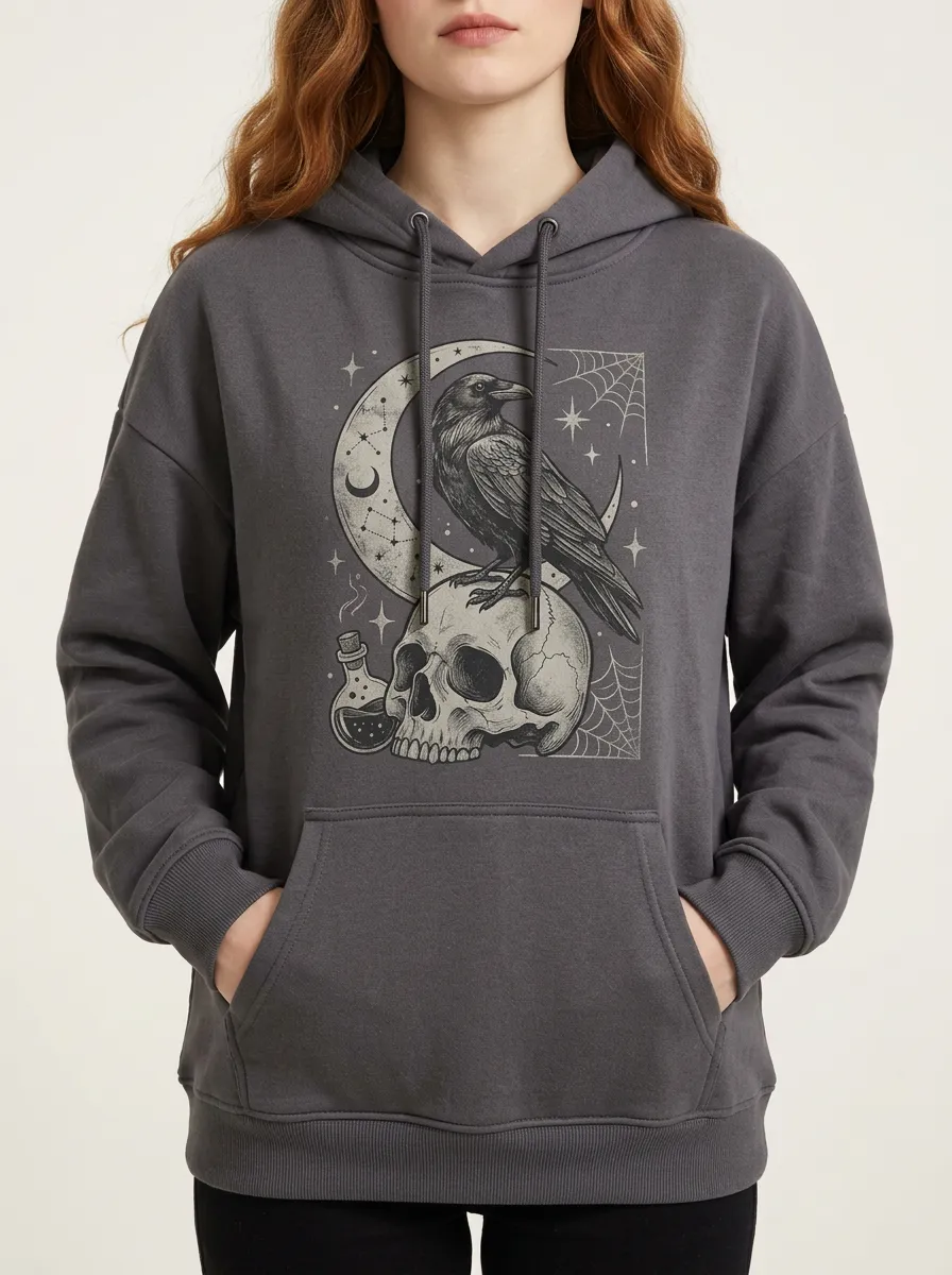 Women's Halloween Gothic Raven Skull Moon Printed Hoodie