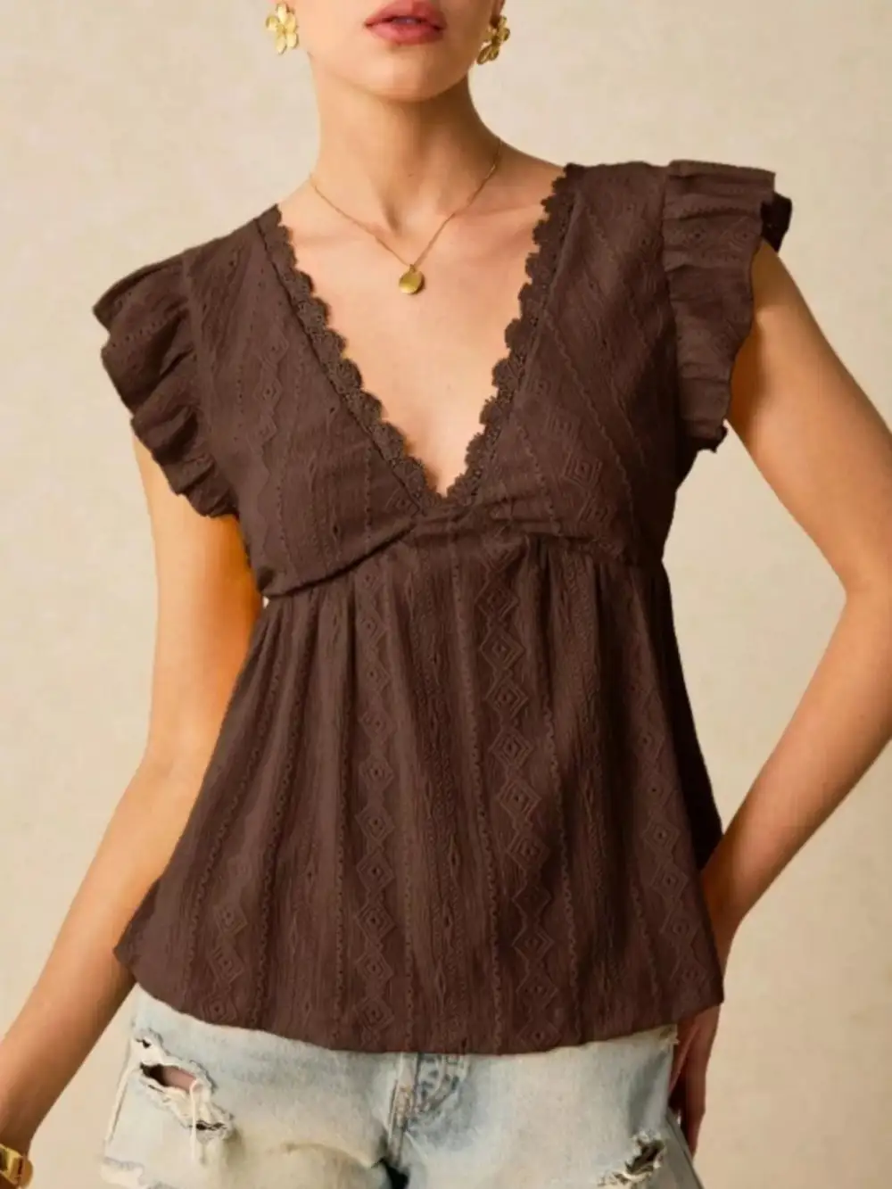 Ruffle Sleeve V Neck Blouse
