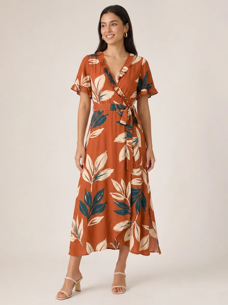 Women's Boho Tropical Leaf Printed Wrap Dress