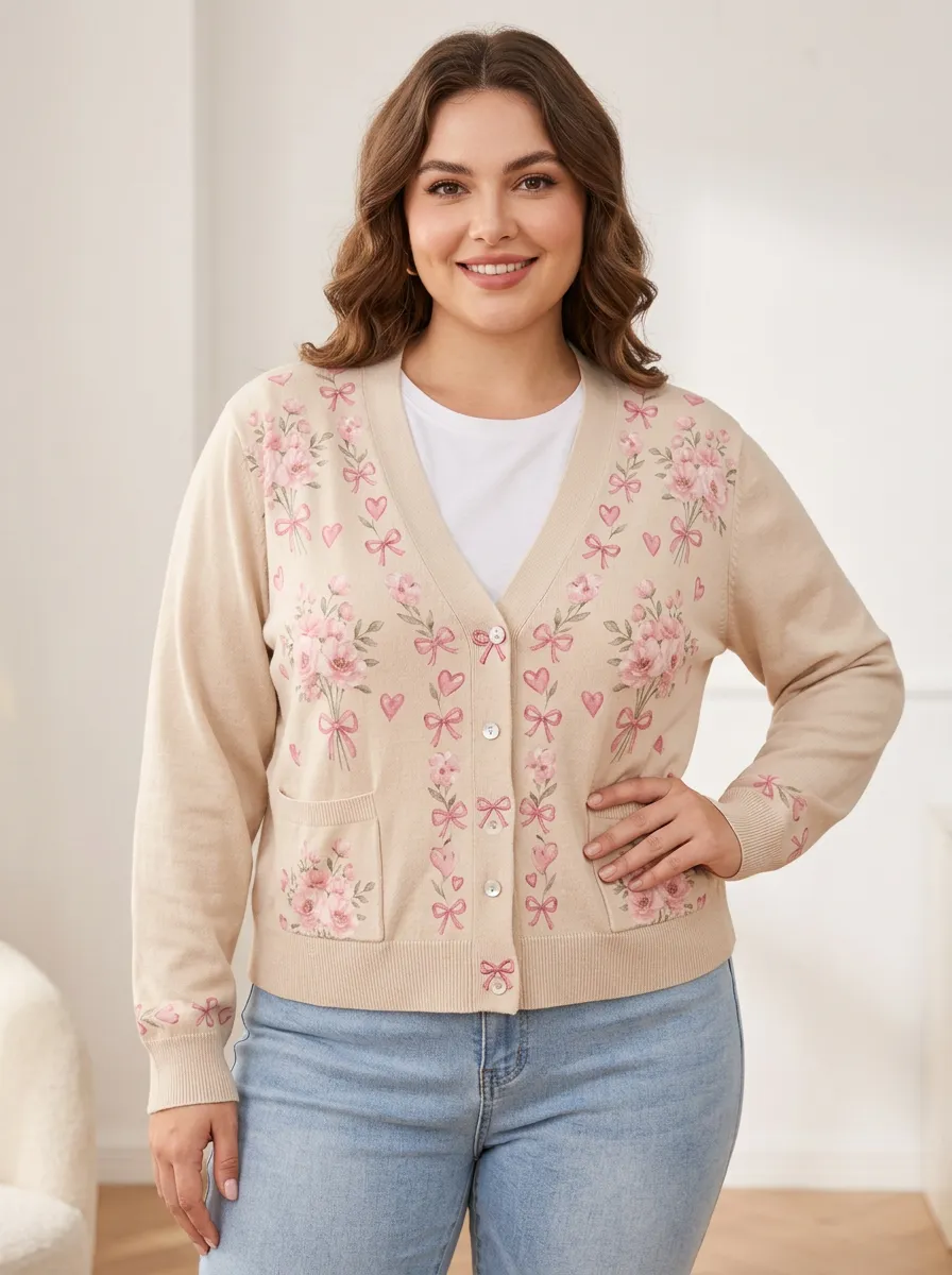 Women's Breast Cancer Awareness Pink Ribbon Floral Heart Printed Cardigan