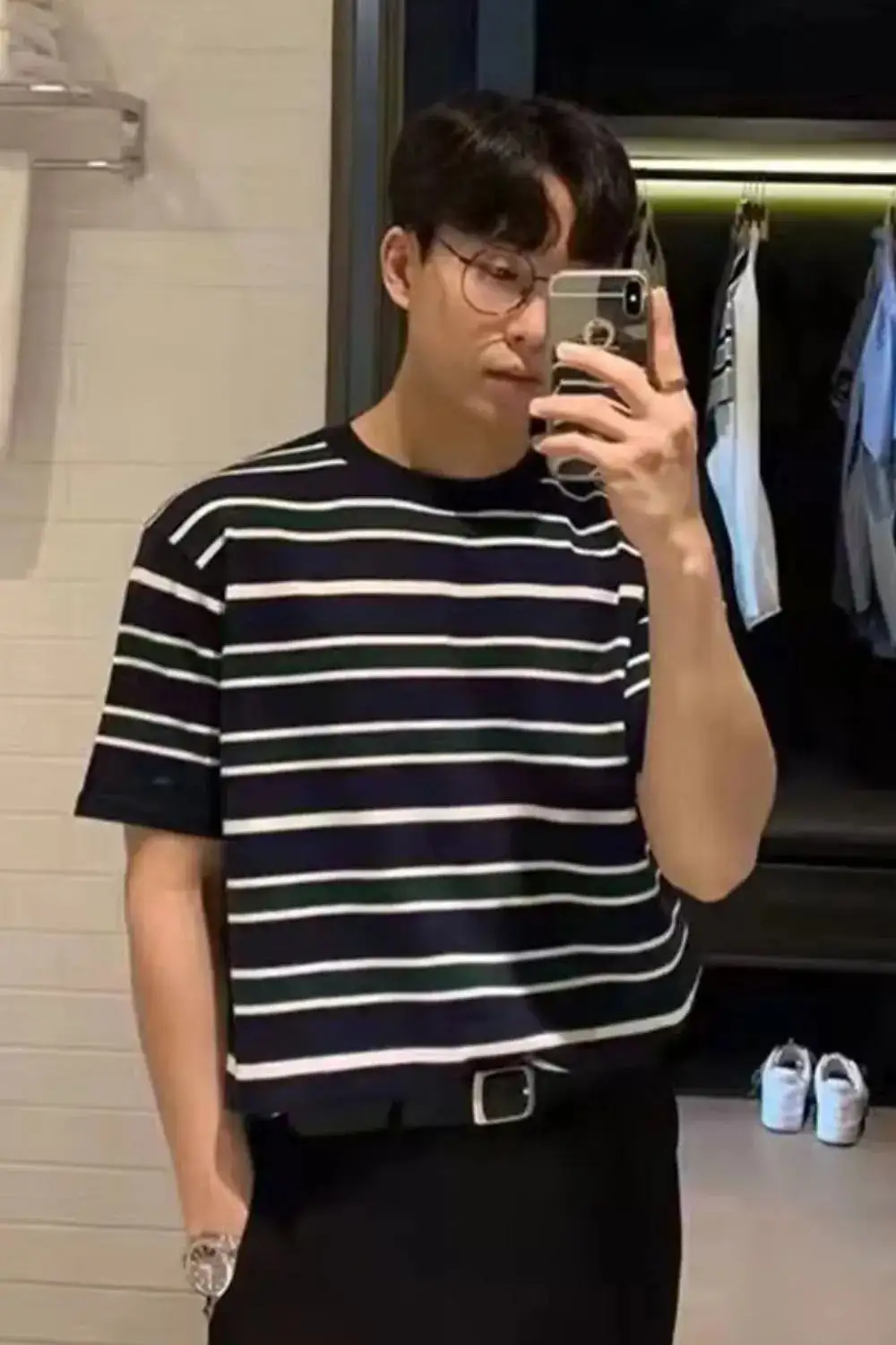 Textured Striped Short Sleeve Crew Neck Tee