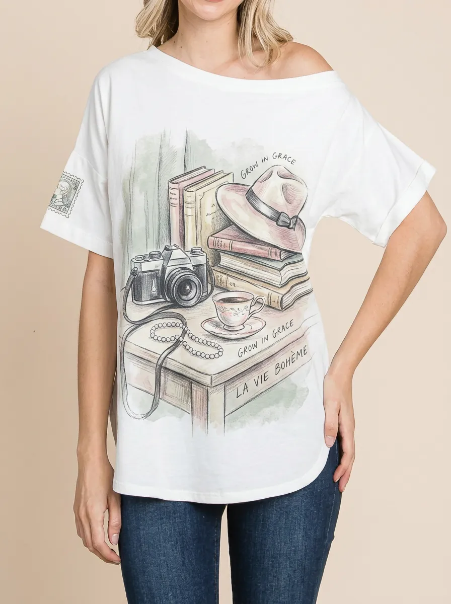 Women's Vintage Aesthetic Camera Books Hat Printed T-shirt