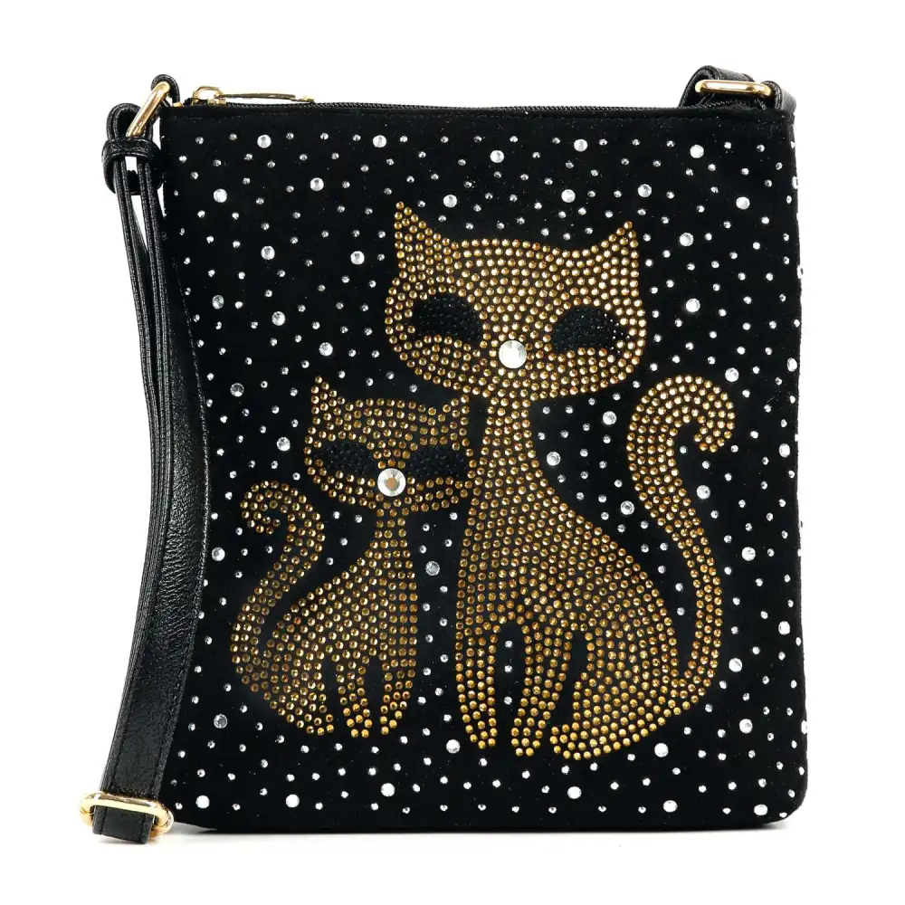 Relaxed Detail Crystal Accent Pocketed Cat Motif Faux Leather Crossbody Sling Bag