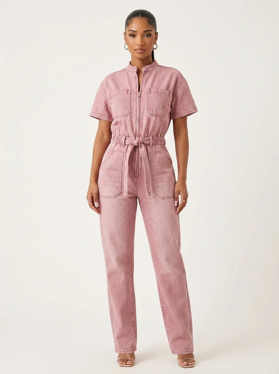 Pink Minimalist Embroidered Denim Jumpsuit