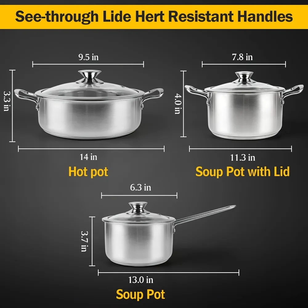 Stainless Steel Cookware Set with Glass Lids, Comprehensive Kitchen Pots and Pans for All Cooking Needs