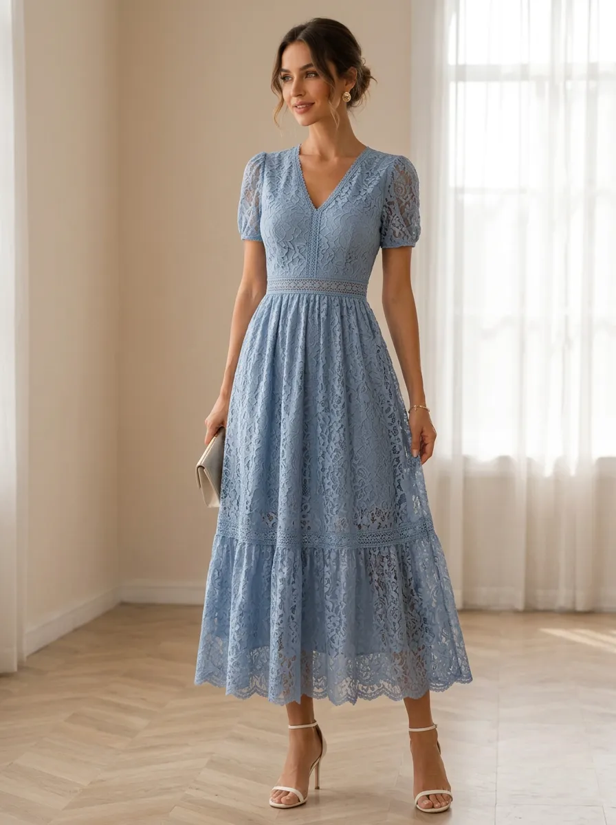 Women's Elegant V-Neck Floral Lace Printed Midi Dress