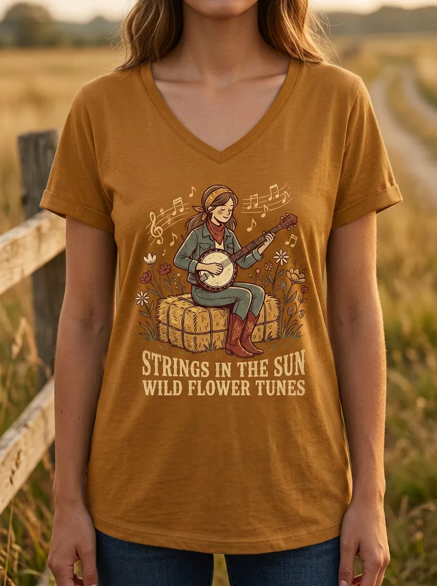 Vintage-Inspired Banjo Custom Country Music V-Neck T-Shirt