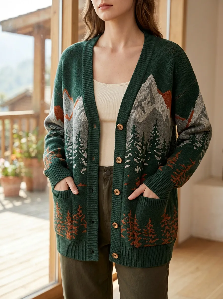 Women's Nature Lover Mountain Forest Printed Button Front Easygoing Style Cardigan