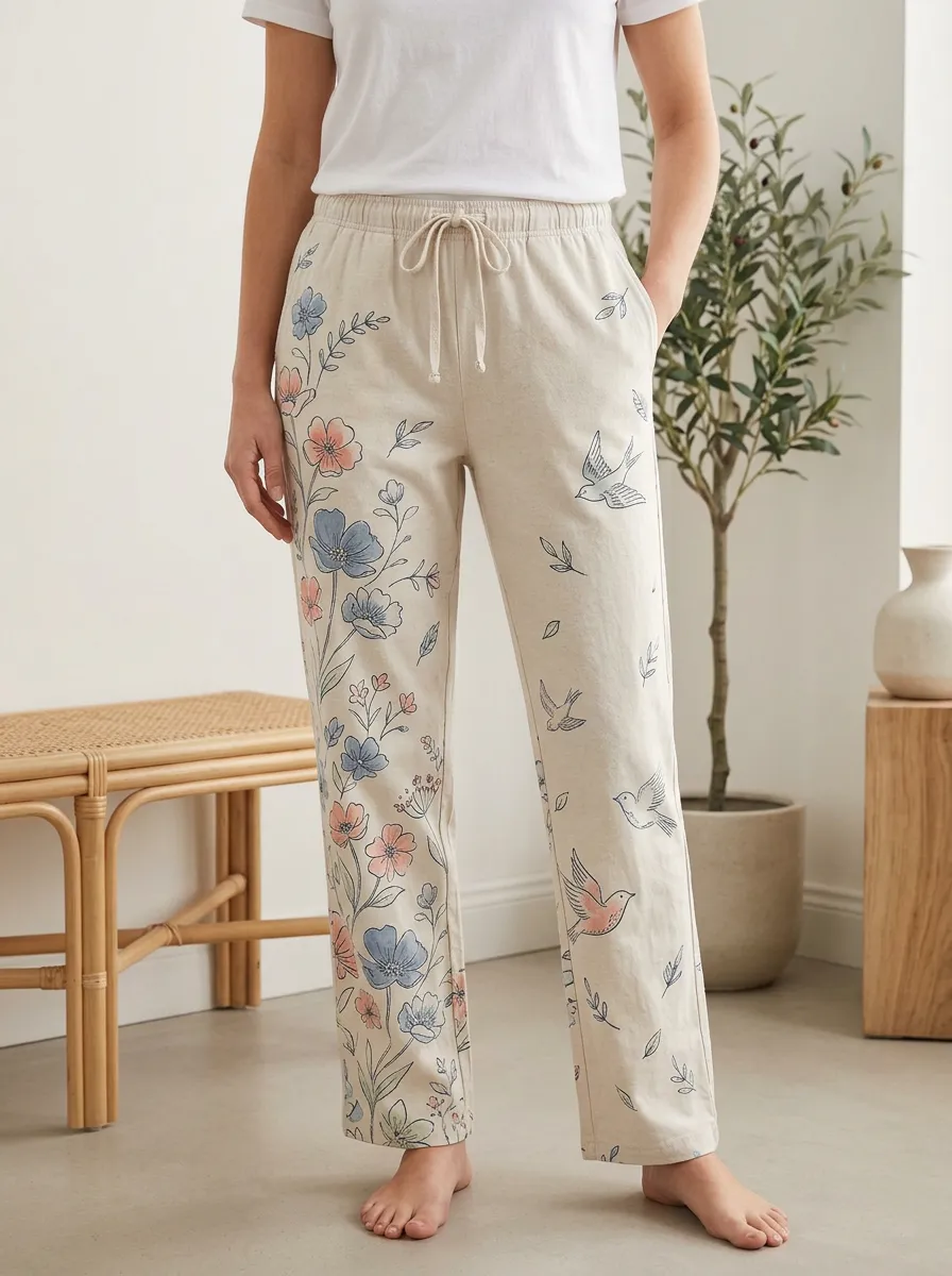 Women's Relaxed Floral Bird Nature Lover Printed Lounge Pants