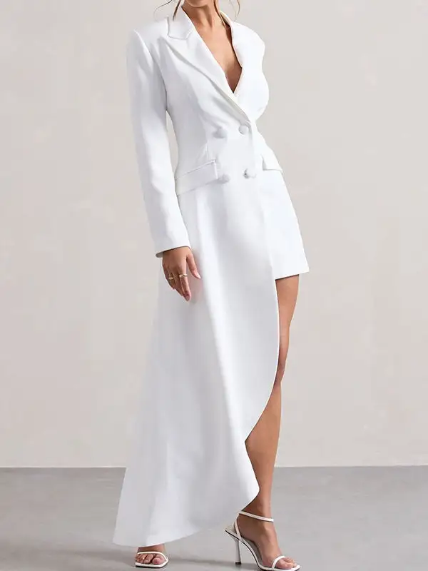 Long Sleeve Asymmetric Button Front Pocket Solid Color Blazer