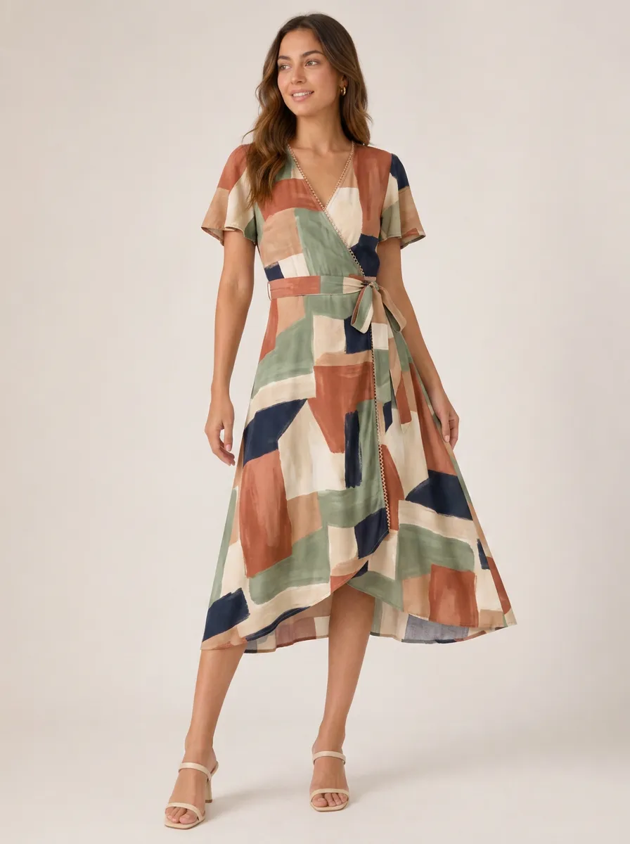 Women's Abstract Geometric Colorblock Printed Wrap Dress
