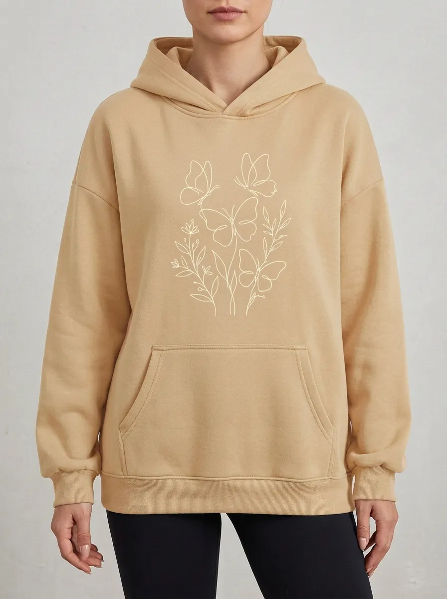 Relaxed Nature Butterfly Floral Line Art Hoodie