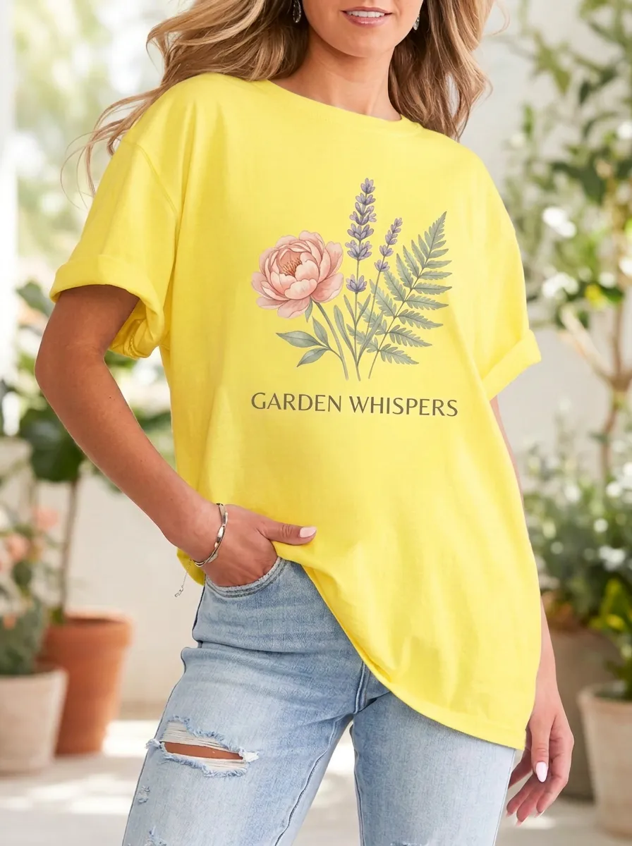 Women's Garden Whispers Peony Lavender Fern Printed T-shirt